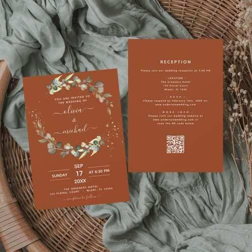 Burnt Orange All in One Eucalyptus QR Code Wedding Invitation