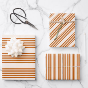 Burnt orange and beige five stripe pattern wrapping paper sheets