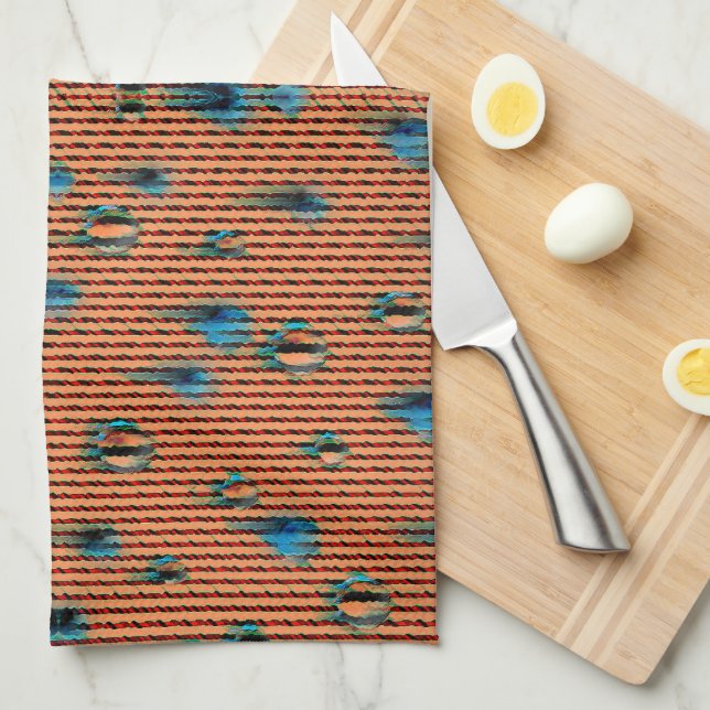 Burnt Orange and Blue Fabric Pattern Kitchen Towel (Quarter Fold)