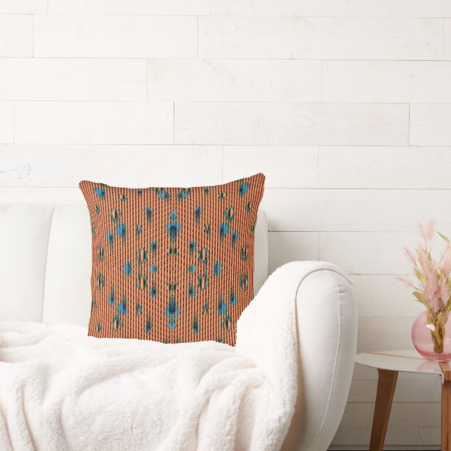 Burnt Orange and Blue Fabric Pattern Throw Pillow (Couch)