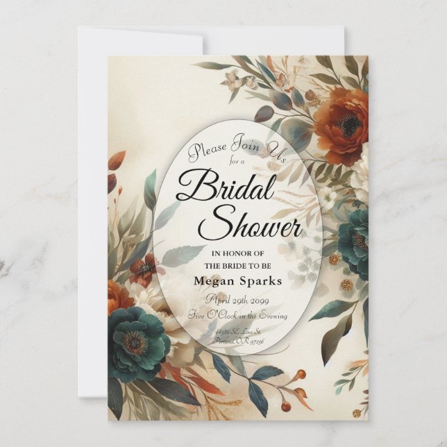 Burnt Orange and Blue Fall Flowers Bridal Shower Invitation (Front)