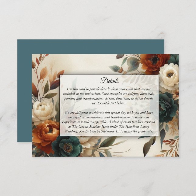 Burnt Orange and Blue Fall Flowers Wedding Enclosure Card (Front/Back)