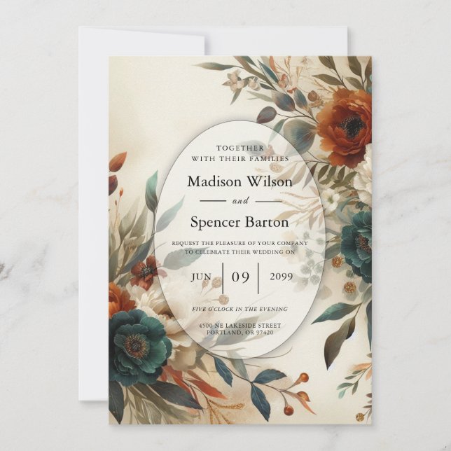 Burnt Orange and Blue Fall Flowers Wedding Invitation (Front)