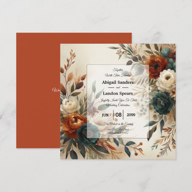 Burnt Orange and Blue Fall Flowers Wedding Invitation (Front/Back)