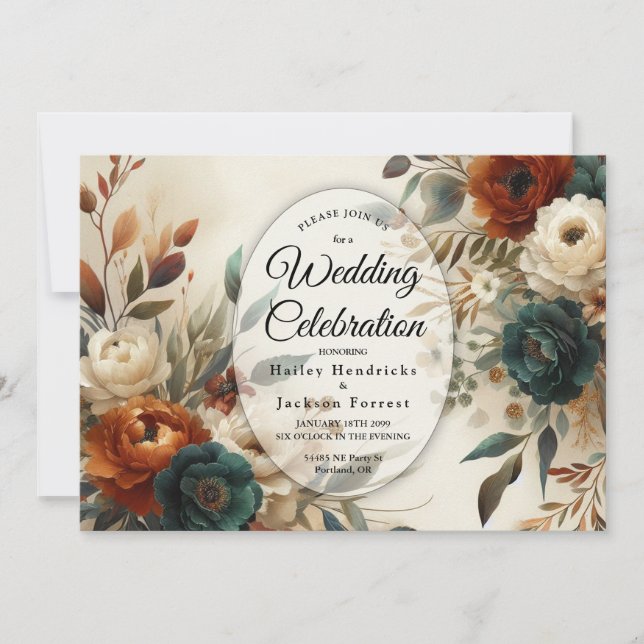 Burnt Orange and Blue Fall Flowers Wedding  Invitation (Front)