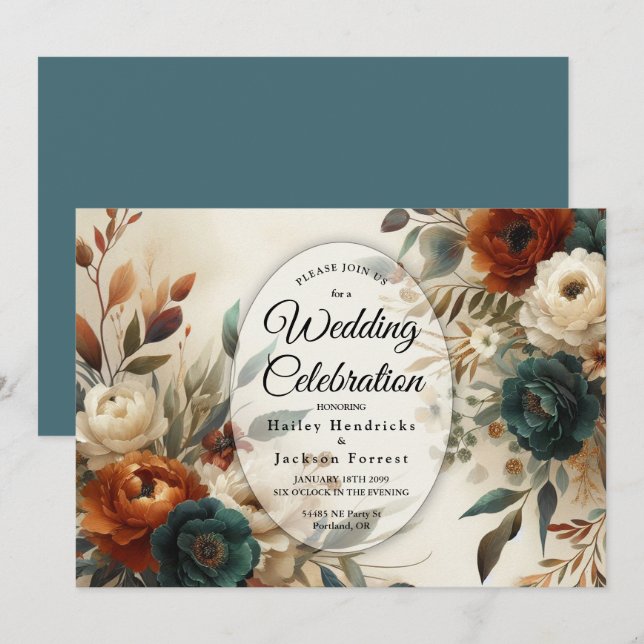 Burnt Orange and Blue Fall Flowers Wedding  Invitation (Front/Back)