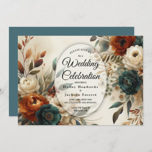 Burnt Orange and Blue Fall Flowers Wedding Invitation