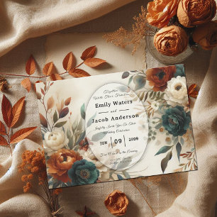 Burnt Orange and Blue Fall Flowers Wedding Invitation