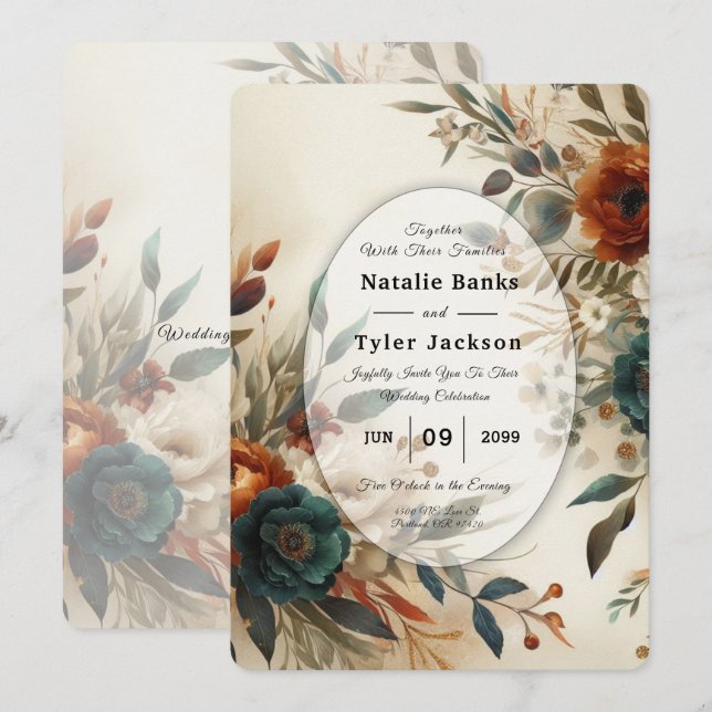 Burnt Orange and Blue Fall Flowers Wedding Invitation (Front/Back)