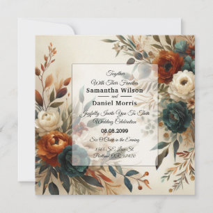 Burnt Orange and Blue Fall Flowers Wedding Invitation