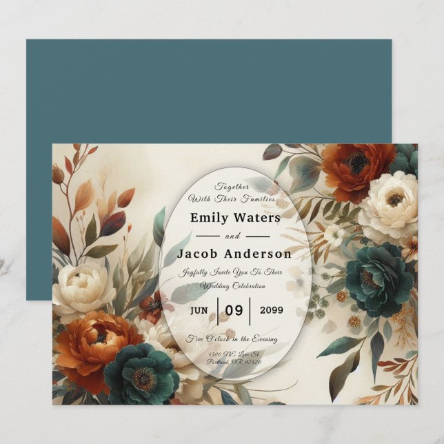 Burnt Orange and Blue Fall Flowers Wedding  Invitation (Front/Back)