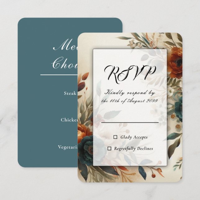 Burnt Orange and Blue Fall Flowers Wedding RSVP Card (Front/Back)