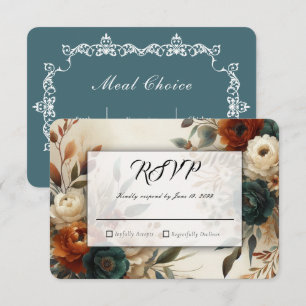 Burnt Orange and Blue Fall Flowers Wedding RSVP Card