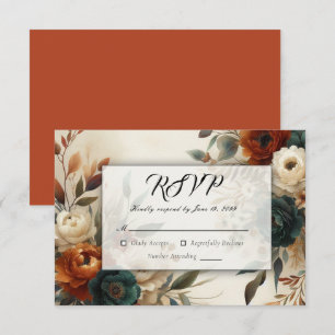 Burnt Orange and Blue Fall Flowers Wedding RSVP Card