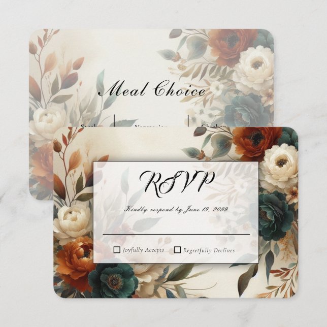 Burnt Orange and Blue Fall Flowers Wedding RSVP Card (Front/Back)