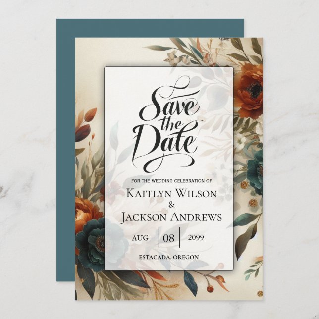 Burnt Orange and Blue Fall Flowers Wedding Save The Date (Front/Back)