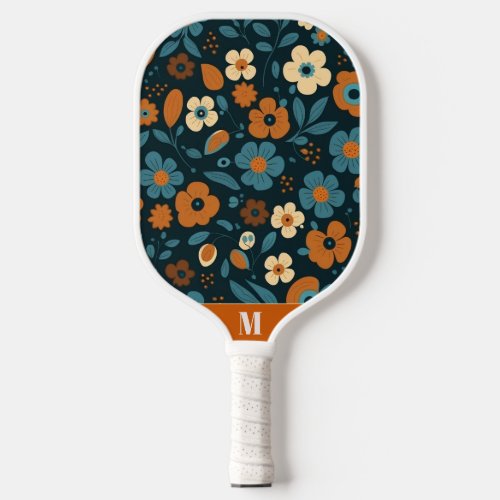 Burnt Orange and Blue Floral Modern Monogram Pickleball Paddle