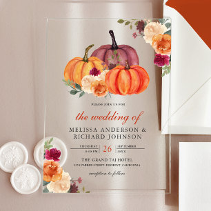 Burnt Orange and Burgundy Floral Pumpkin Wedding Acrylic Invitations