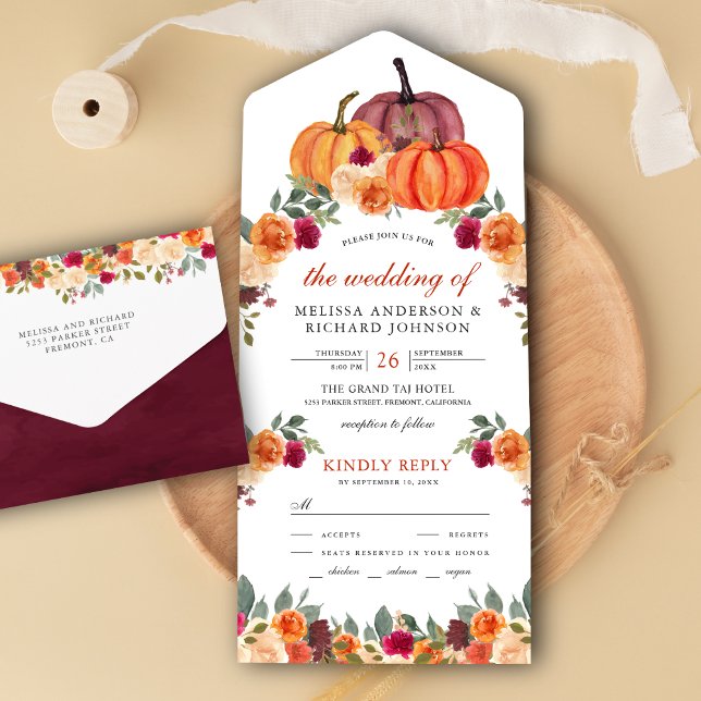 Burnt Orange and Burgundy Floral Pumpkin Wedding All In One Invitation (Creator Uploaded)