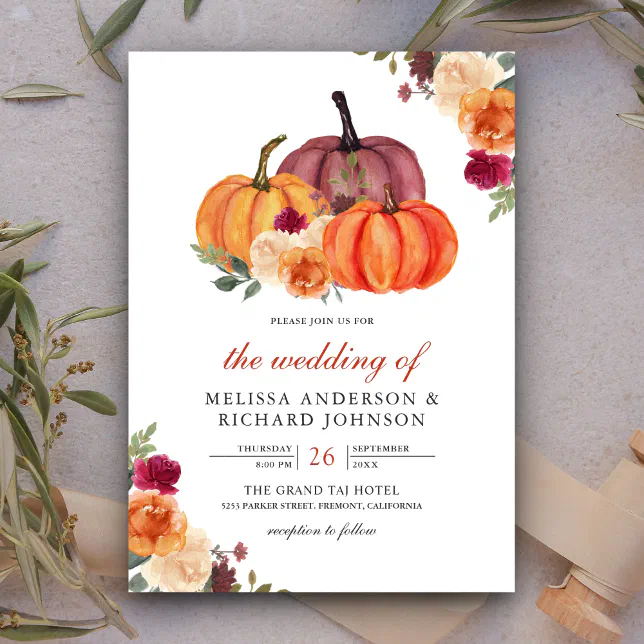 Burnt Orange and Burgundy Floral Pumpkin Wedding Invitation | Zazzle