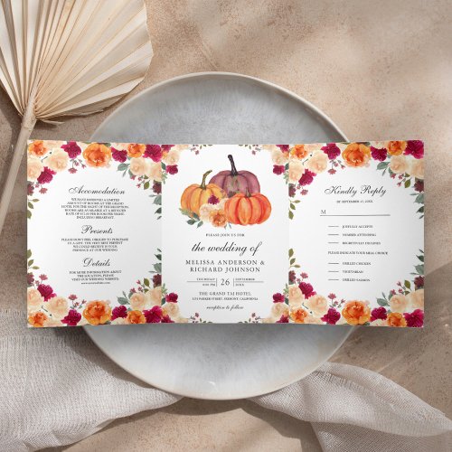 Burnt Orange and Burgundy Floral Pumpkin Wedding Tri_Fold Invitation
