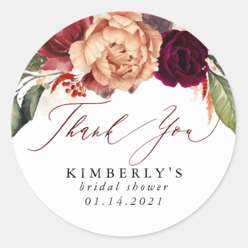 Burnt Orange and Burgundy Red Floral Fall Classic Round Sticker