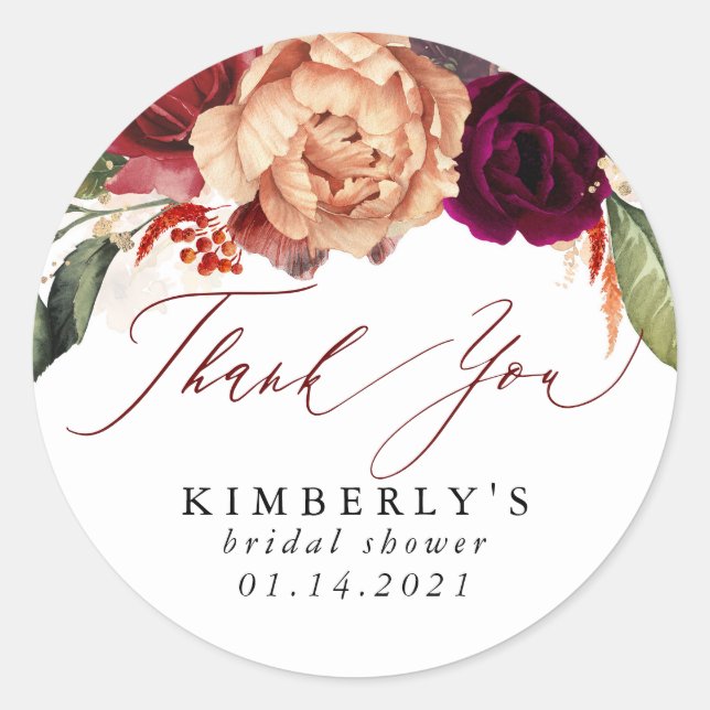 Burnt Orange and Burgundy Red Floral Fall Classic Round Sticker (Front)
