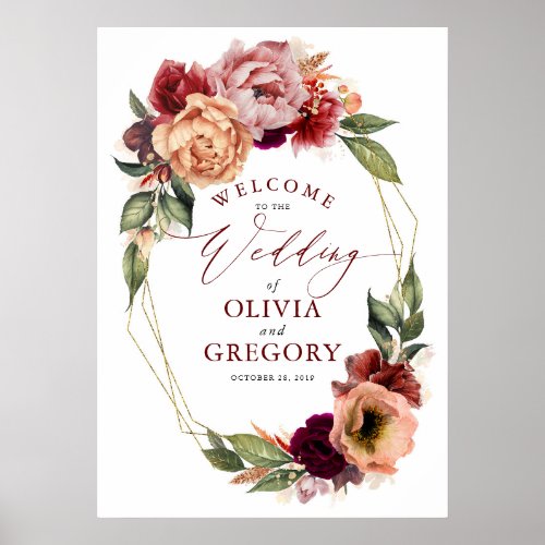 Burnt Orange and Burgundy Red Wedding Welcome Poster