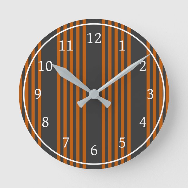 Burnt orange and charcoal five stripe pattern round clock (Front)