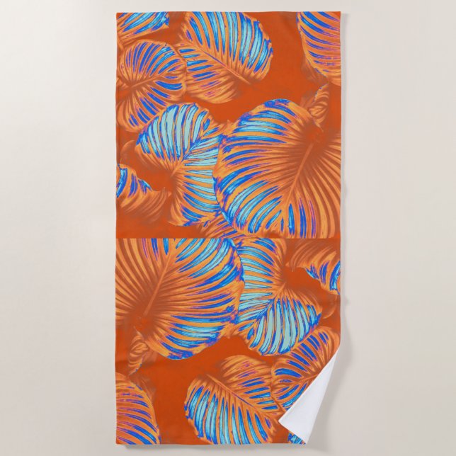 Burnt Orange and Electric Blue Tropical Leaves Beach Towel (Front)