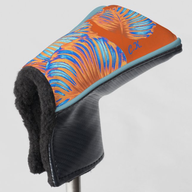 Burnt Orange and Electric Blue Tropical Leaves Golf Head Cover (3/4 Front)