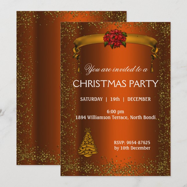 Burnt Orange and Gold Glitter Christmas Invitation (Front/Back)