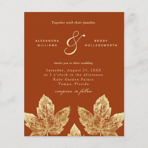 Burnt Orange And Gold Rustic Leaves Wedding Invite