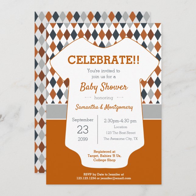 Burnt Orange and Gray Argyle Patterned Baby Shower Invitation (Front/Back)
