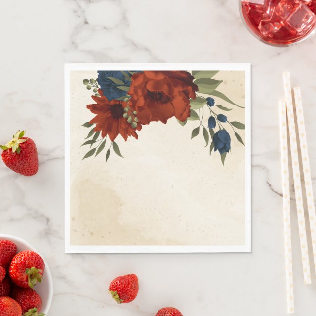 burnt orange and navy blue floral napkins (Insitu)