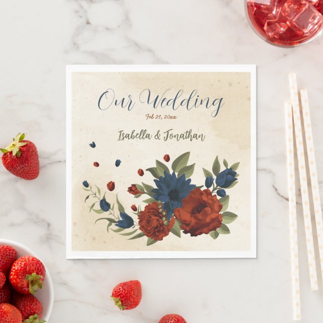 burnt orange and navy blue floral napkins (Insitu)