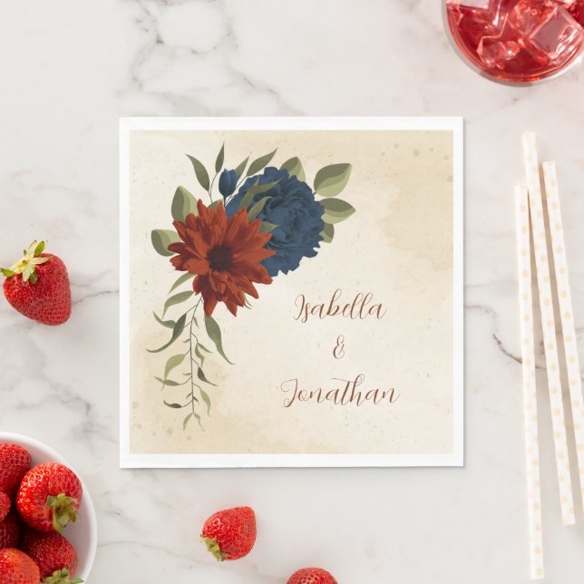 burnt orange and navy blue floral napkins (Insitu)