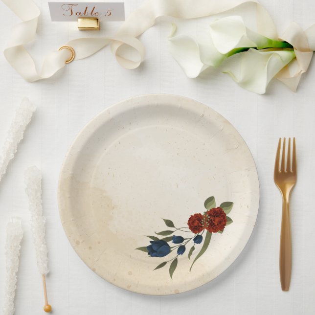 burnt orange and navy blue floral paper plates (Wedding)