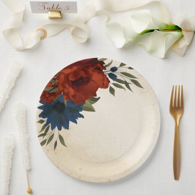 burnt orange and navy blue floral paper plates (Wedding)