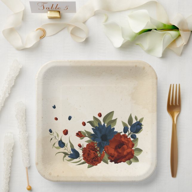 burnt orange and navy blue floral paper plates (Wedding)