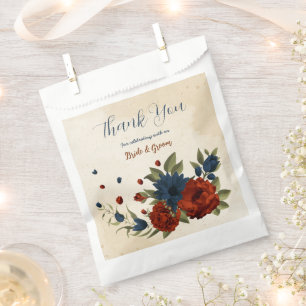 burnt orange and navy blue floral wedding favor bag