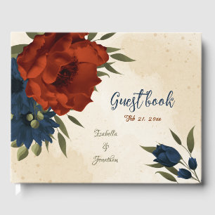 burnt orange and navy blue floral wedding guest book