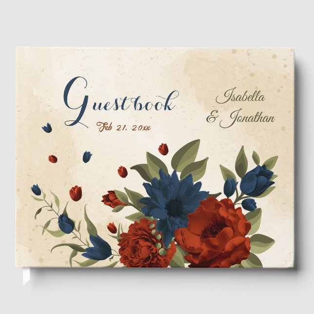 burnt orange and navy blue floral wedding guest book (Front)