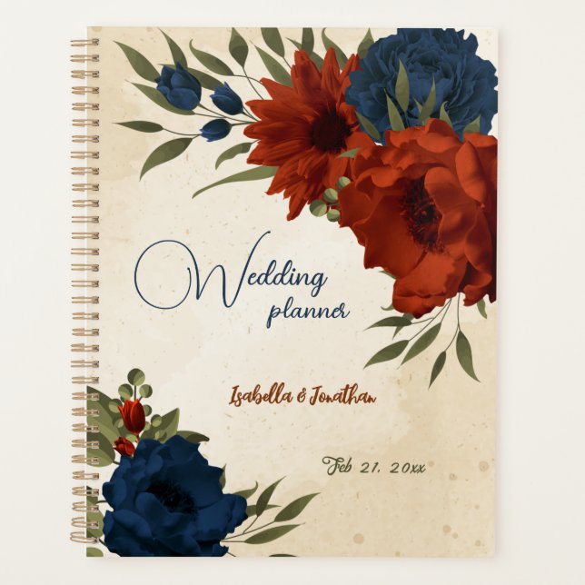 burnt orange and navy blue floral wedding planner (Front)