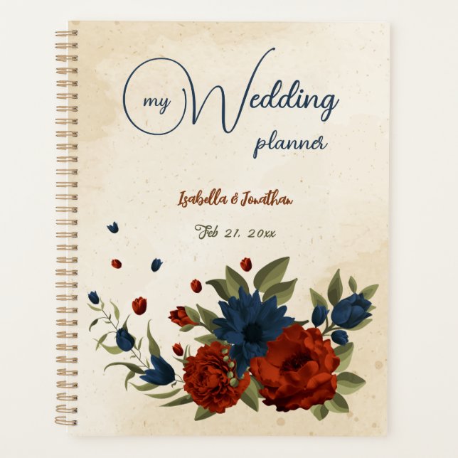 burnt orange and navy blue floral wedding planner (Front)