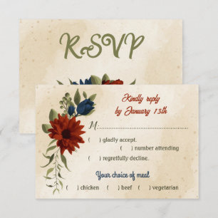 burnt orange and navy blue flowers meal choice RSVP card