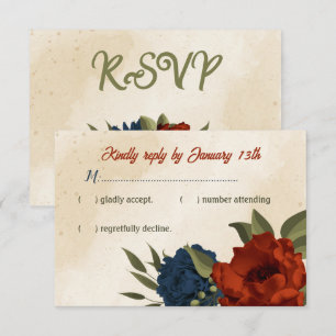 burnt orange and navy blue flowers wedding RSVP card