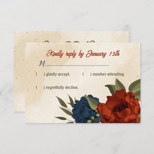 burnt orange and navy blue flowers wedding RSVP card