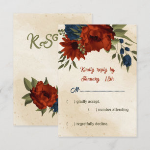 burnt orange and navy blue flowers wedding RSVP card