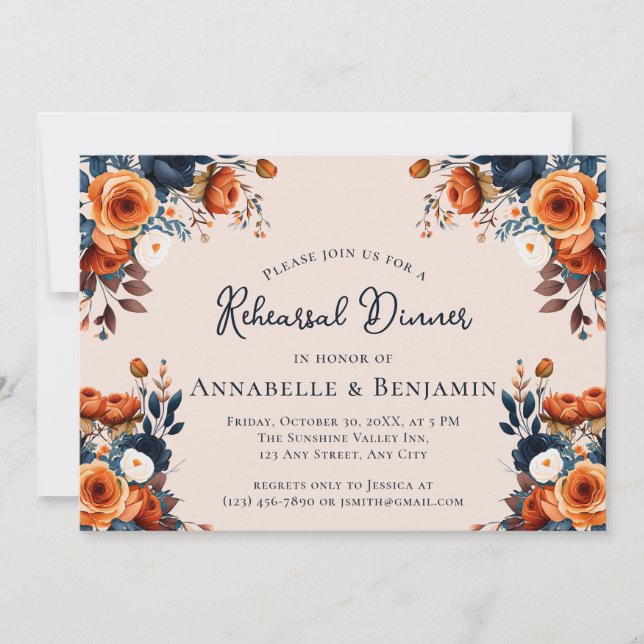 Burnt Orange and Navy Wedding Rehearsal Dinner  Invitation (Front)
